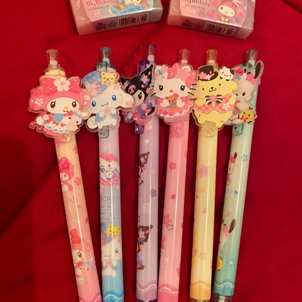 Sanrio pencil case 6 pens and 2 erasers bundle set